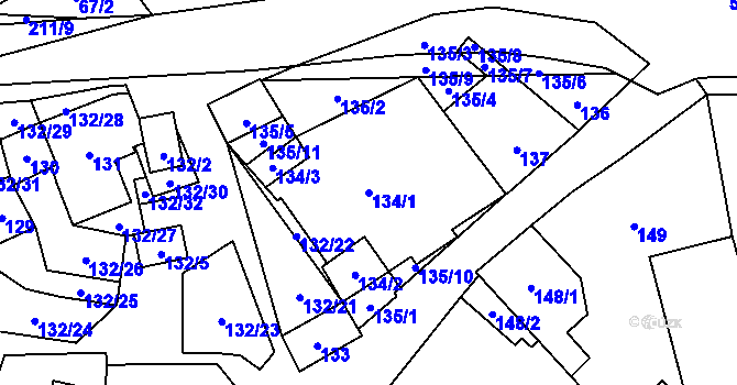Parcela st. 134/1 v KÚ Hodonice, Katastrální mapa