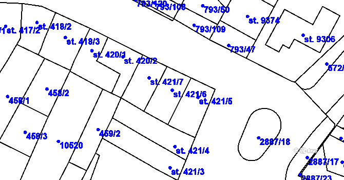 Parcela st. 421/6 v KÚ Hodonín, Katastrální mapa