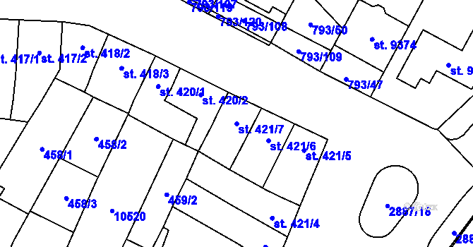 Parcela st. 421/7 v KÚ Hodonín, Katastrální mapa