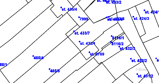Parcela st. 433/1 v KÚ Hodonín, Katastrální mapa