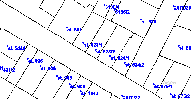 Parcela st. 623/2 v KÚ Hodonín, Katastrální mapa