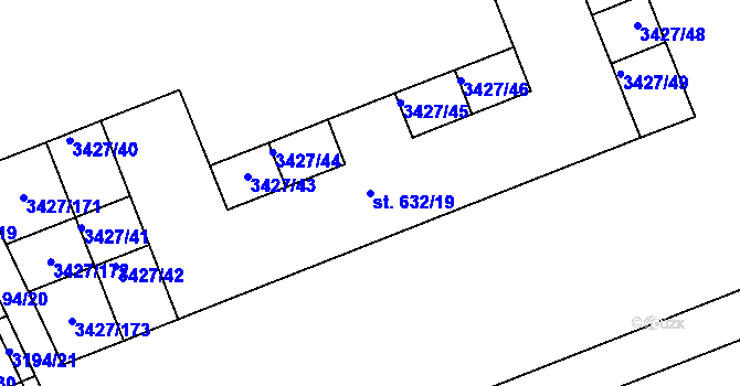 Parcela st. 632/19 v KÚ Hodonín, Katastrální mapa
