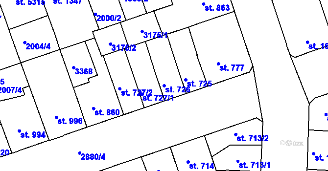 Parcela st. 726 v KÚ Hodonín, Katastrální mapa