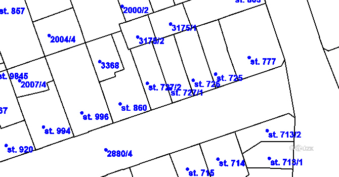 Parcela st. 727/1 v KÚ Hodonín, Katastrální mapa