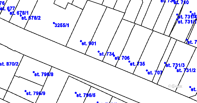 Parcela st. 734 v KÚ Hodonín, Katastrální mapa