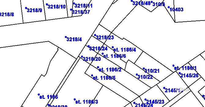 Parcela st. 1186/6 v KÚ Hodonín, Katastrální mapa