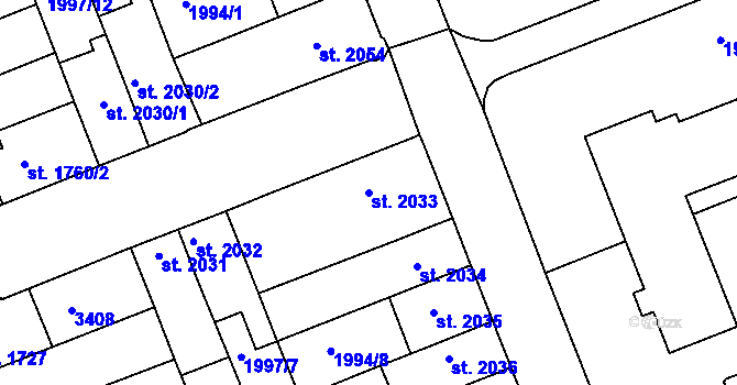 Parcela st. 2033 v KÚ Hodonín, Katastrální mapa