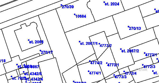 Parcela st. 2067/1 v KÚ Hodonín, Katastrální mapa