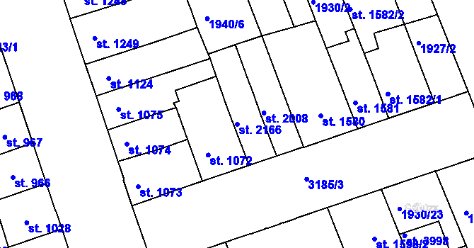 Parcela st. 2166 v KÚ Hodonín, Katastrální mapa