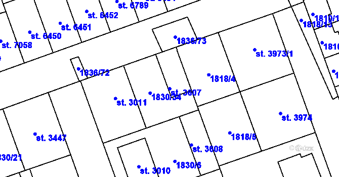 Parcela st. 3607 v KÚ Hodonín, Katastrální mapa