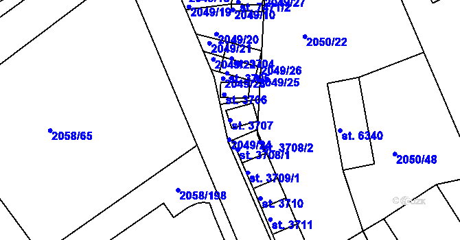 Parcela st. 3707 v KÚ Hodonín, Katastrální mapa