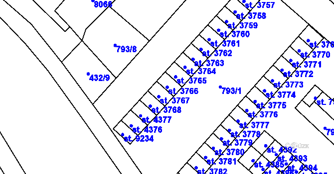 Parcela st. 3766 v KÚ Hodonín, Katastrální mapa