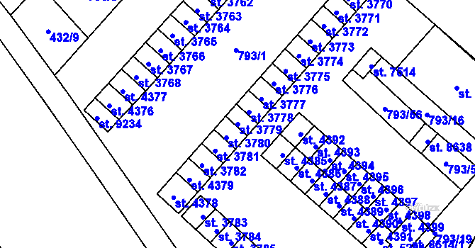 Parcela st. 3779 v KÚ Hodonín, Katastrální mapa