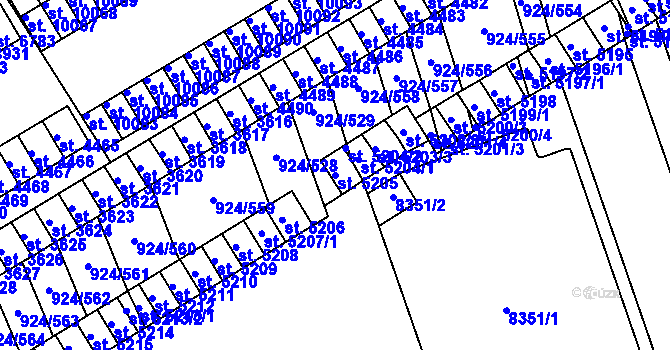 Parcela st. 5205 v KÚ Hodonín, Katastrální mapa