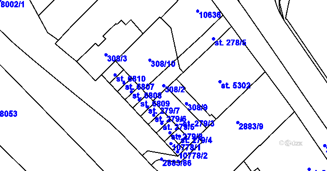 Parcela st. 308/2 v KÚ Hodonín, Katastrální mapa