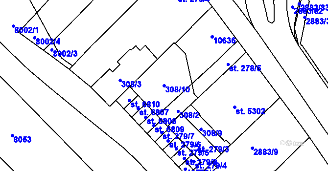 Parcela st. 308/10 v KÚ Hodonín, Katastrální mapa