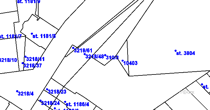 Parcela st. 310/3 v KÚ Hodonín, Katastrální mapa