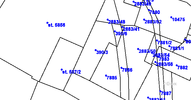 Parcela st. 390/3 v KÚ Hodonín, Katastrální mapa