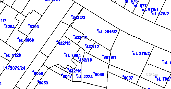 Parcela st. 432/12 v KÚ Hodonín, Katastrální mapa