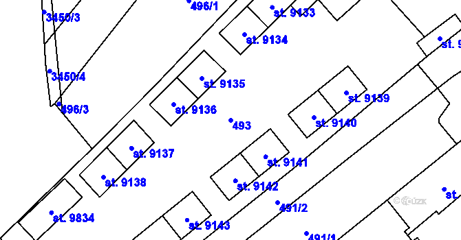 Parcela st. 493 v KÚ Hodonín, Katastrální mapa