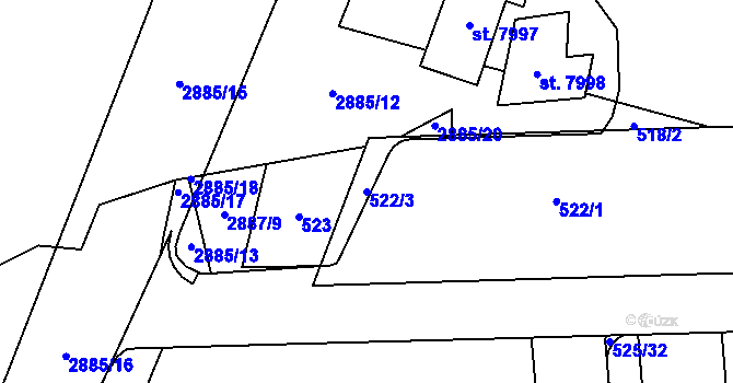 Parcela st. 522/3 v KÚ Hodonín, Katastrální mapa