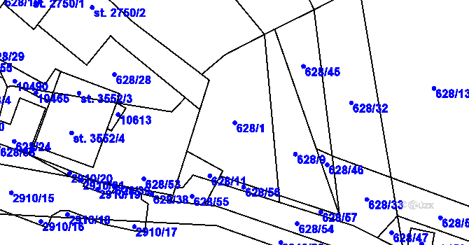 Parcela st. 628/1 v KÚ Hodonín, Katastrální mapa