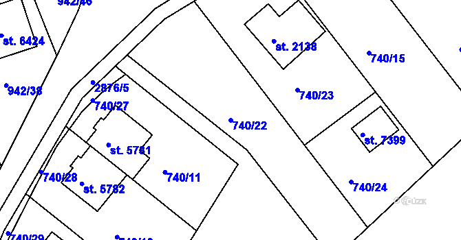 Parcela st. 740/22 v KÚ Hodonín, Katastrální mapa