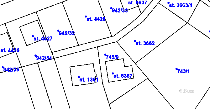 Parcela st. 745/9 v KÚ Hodonín, Katastrální mapa