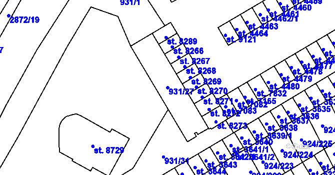 Parcela st. 931/27 v KÚ Hodonín, Katastrální mapa