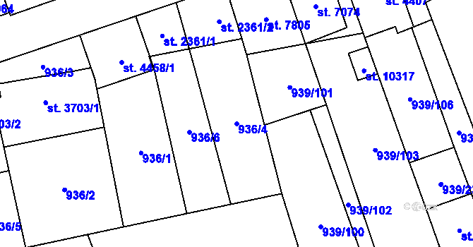 Parcela st. 936/4 v KÚ Hodonín, Katastrální mapa