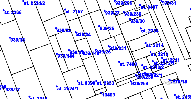 Parcela st. 939/25 v KÚ Hodonín, Katastrální mapa