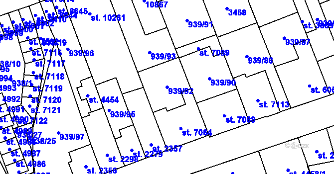 Parcela st. 939/92 v KÚ Hodonín, Katastrální mapa