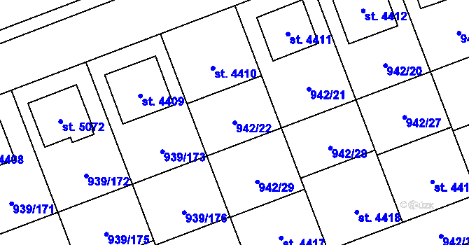 Parcela st. 942/22 v KÚ Hodonín, Katastrální mapa