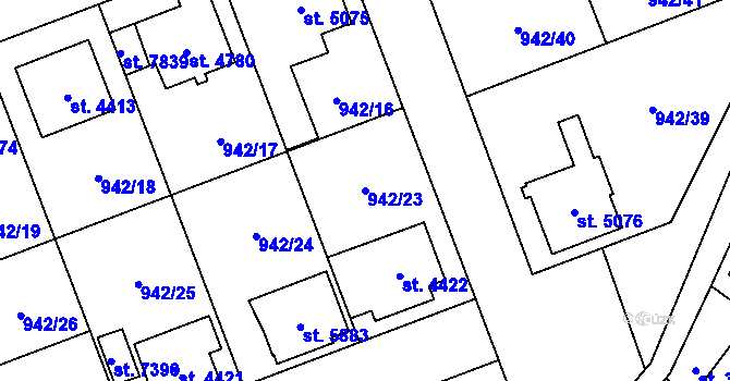 Parcela st. 942/23 v KÚ Hodonín, Katastrální mapa