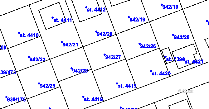 Parcela st. 942/27 v KÚ Hodonín, Katastrální mapa