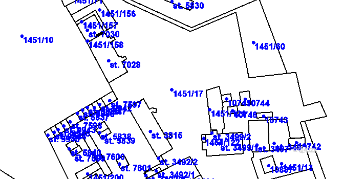 Parcela st. 1451/17 v KÚ Hodonín, Katastrální mapa