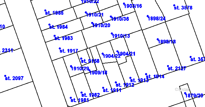 Parcela st. 1904/22 v KÚ Hodonín, Katastrální mapa