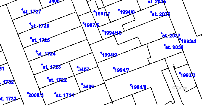 Parcela st. 1994/9 v KÚ Hodonín, Katastrální mapa
