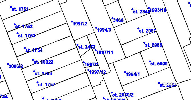 Parcela st. 1997/11 v KÚ Hodonín, Katastrální mapa