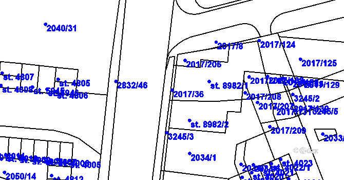 Parcela st. 2017/36 v KÚ Hodonín, Katastrální mapa