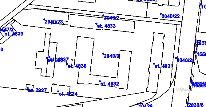 Parcela st. 2040/9 v KÚ Hodonín, Katastrální mapa
