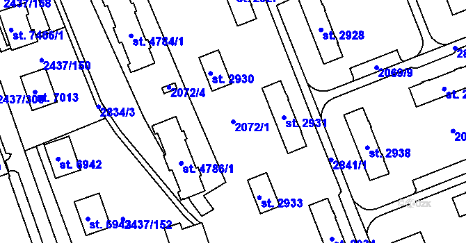 Parcela st. 2072/1 v KÚ Hodonín, Katastrální mapa