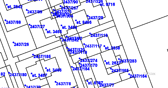 Parcela st. 2437/117 v KÚ Hodonín, Katastrální mapa