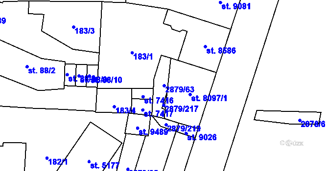 Parcela st. 2879/63 v KÚ Hodonín, Katastrální mapa