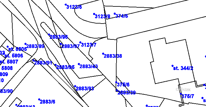 Parcela st. 2883/38 v KÚ Hodonín, Katastrální mapa