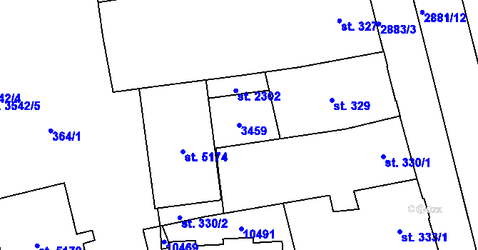 Parcela st. 3459 v KÚ Hodonín, Katastrální mapa