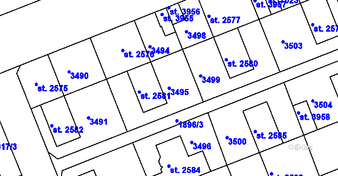 Parcela st. 3495 v KÚ Hodonín, Katastrální mapa