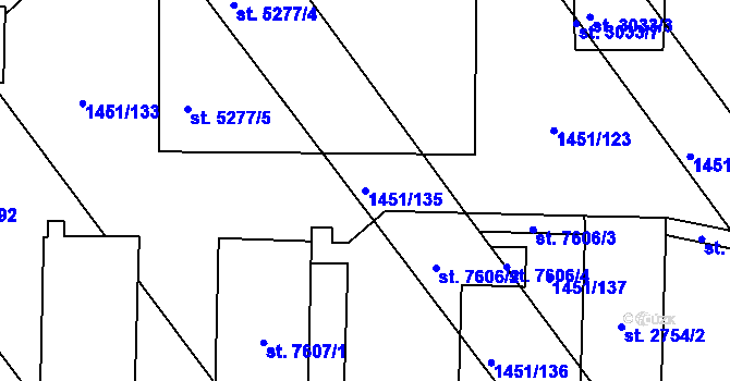 Parcela st. 1451/135 v KÚ Hodonín, Katastrální mapa
