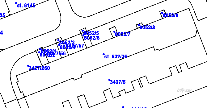 Parcela st. 632/36 v KÚ Hodonín, Katastrální mapa