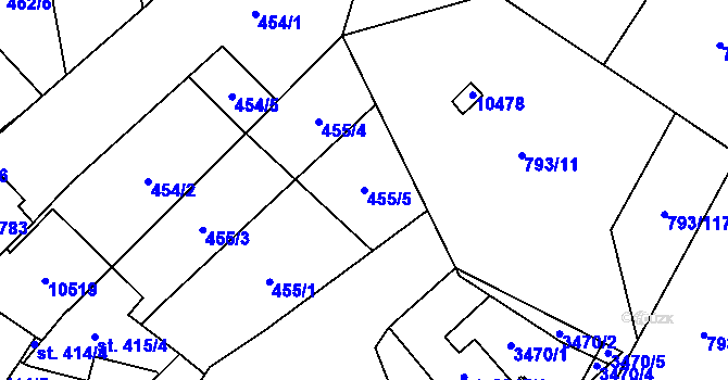 Parcela st. 455/5 v KÚ Hodonín, Katastrální mapa